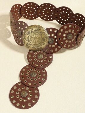 Wide Brown Circle-Stud Leather Belt with Ornate Gold Buckle